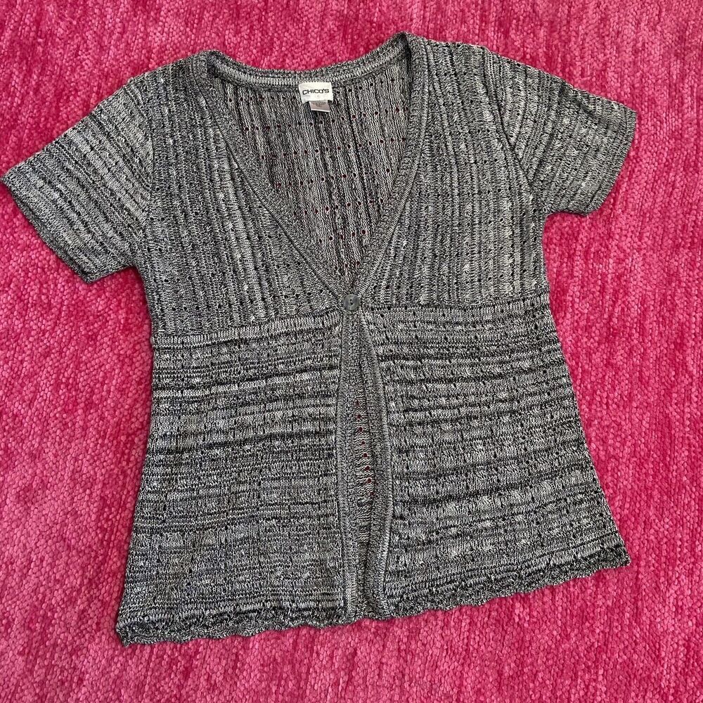 Chico’s Short Sleeve Lightweight Cardigan Sweater Heathered Gray White Size 1(M)